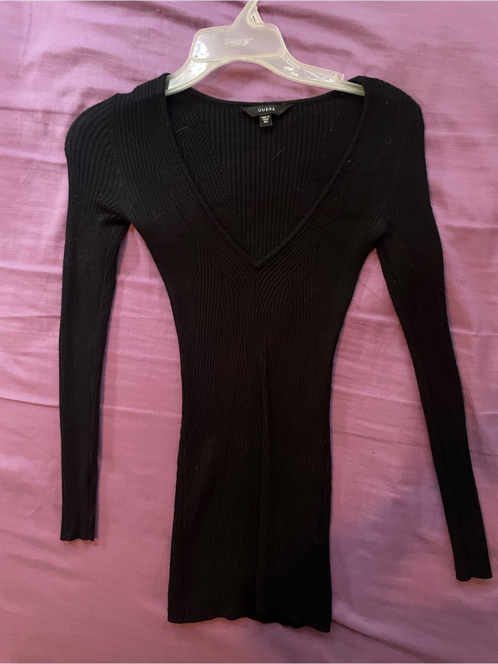 GUESS Black Ribbed V-Neck Long Sleeve Sweater